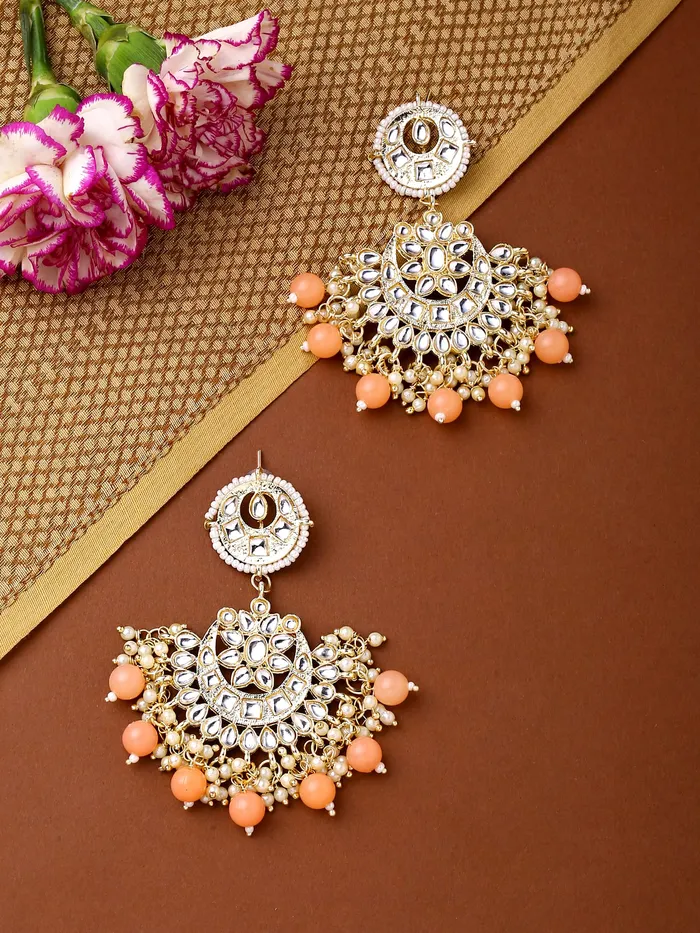Yellow Chimes Earrings for Women and Girls Traditional Kundans Chandbali Gold Plated Pink Beads Drop Chand Baliyan Earrings Birthday Gift for girls and women Anniversary Gift for Wife Yellow Chimes Necklaces