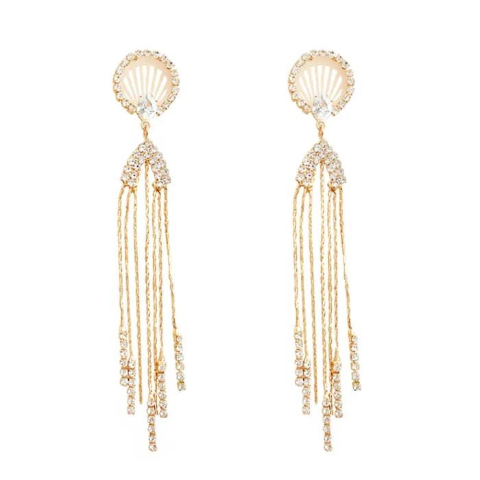 Yellow Chimes Earrings For Women Gold Tone Crystal Studded Long Chain Tassel Fringes Hanging Dangler Earrings For Women and Girls Yellow Chimes Earrings