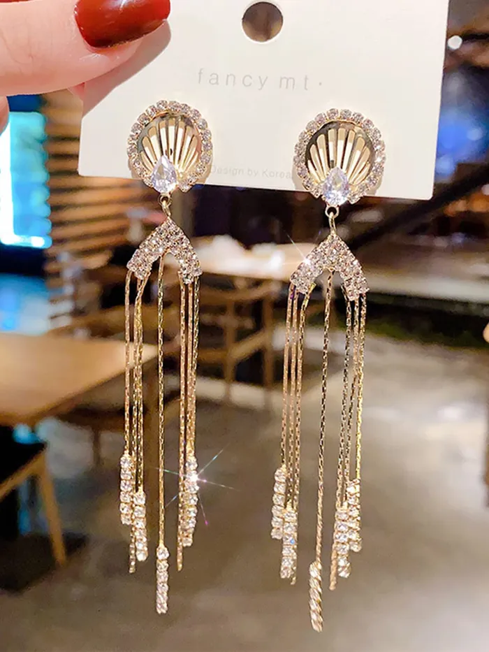 Yellow Chimes Earrings For Women Gold Tone Crystal Studded Long Chain Tassel Fringes Hanging Dangler Earrings For Women and Girls Yellow Chimes Earrings
