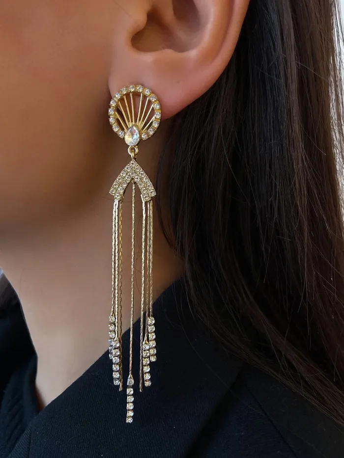 Yellow Chimes Earrings For Women Gold Tone Crystal Studded Long Chain Tassel Fringes Hanging Dangler Earrings For Women and Girls Yellow Chimes Earrings