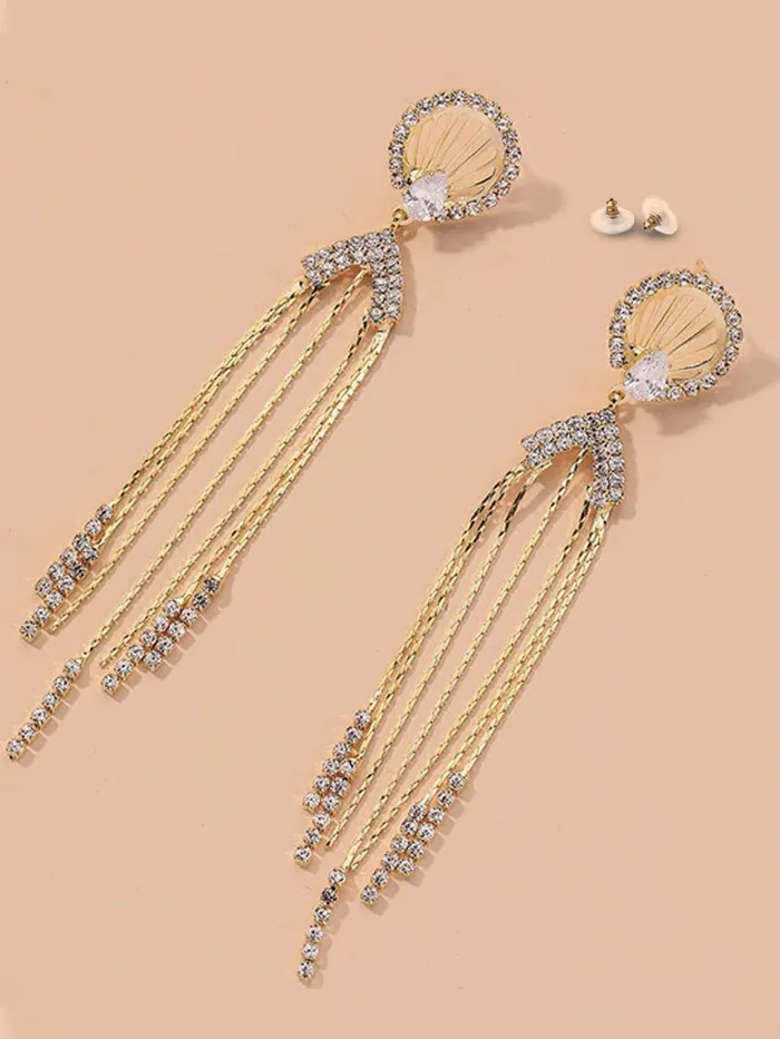 Yellow Chimes Earrings For Women Gold Tone Crystal Studded Long Chain Tassel Fringes Hanging Dangler Earrings For Women and Girls Yellow Chimes Earrings