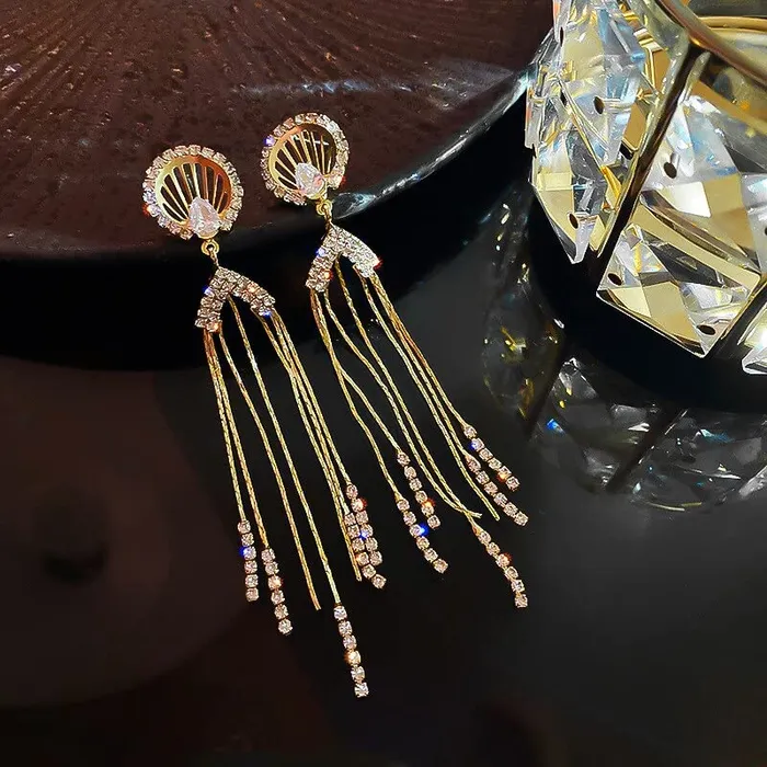 Yellow Chimes Earrings For Women Gold Tone Crystal Studded Long Chain Tassel Fringes Hanging Dangler Earrings For Women and Girls Yellow Chimes Earrings