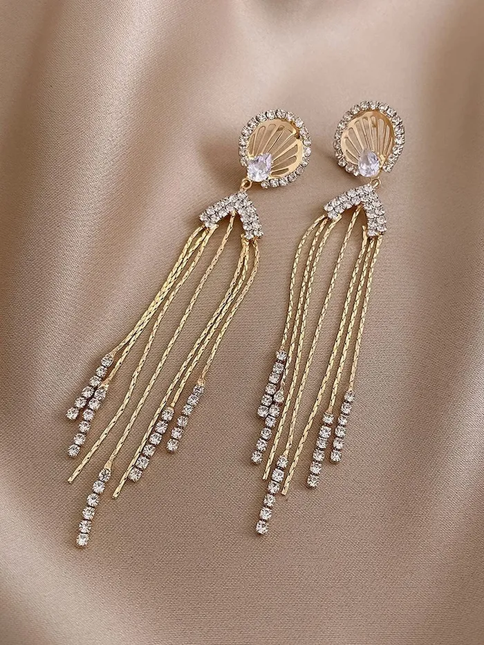 Yellow Chimes Earrings For Women Gold Tone Crystal Studded Long Chain Tassel Fringes Hanging Dangler Earrings For Women and Girls Yellow Chimes Earrings