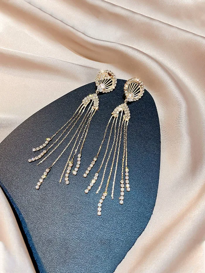 Yellow Chimes Earrings For Women Gold Tone Crystal Studded Long Chain Tassel Fringes Hanging Dangler Earrings For Women and Girls Yellow Chimes Earrings