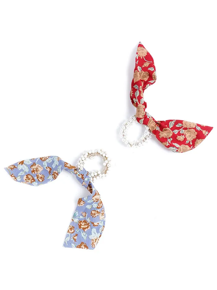 Yellow Chimes Earrings Yellow Chimes 2 Pcs Chiffon Soft Cloth 2 in 1 Design Printed Scrunchie Ponytail Holder with Bows Pearl Hair Scrunchie Accessories for Women Pack of 2 MultiColor Medium YCHARBWM015MC