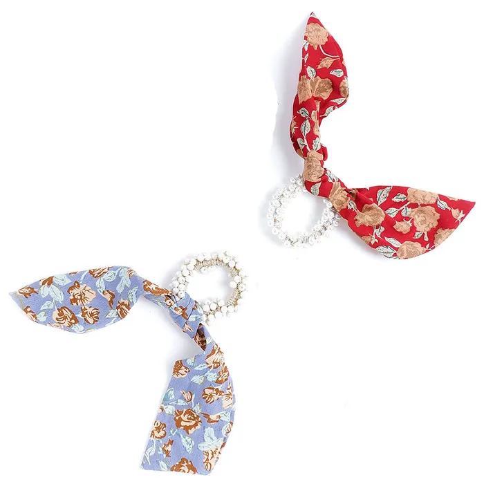 Yellow Chimes Earrings Yellow Chimes 2 Pcs Chiffon Soft Cloth 2 in 1 Design Printed Scrunchie Ponytail Holder with Bows Pearl Hair Scrunchie Accessories for Women Pack of 2 MultiColor Medium YCHARBWM015MC