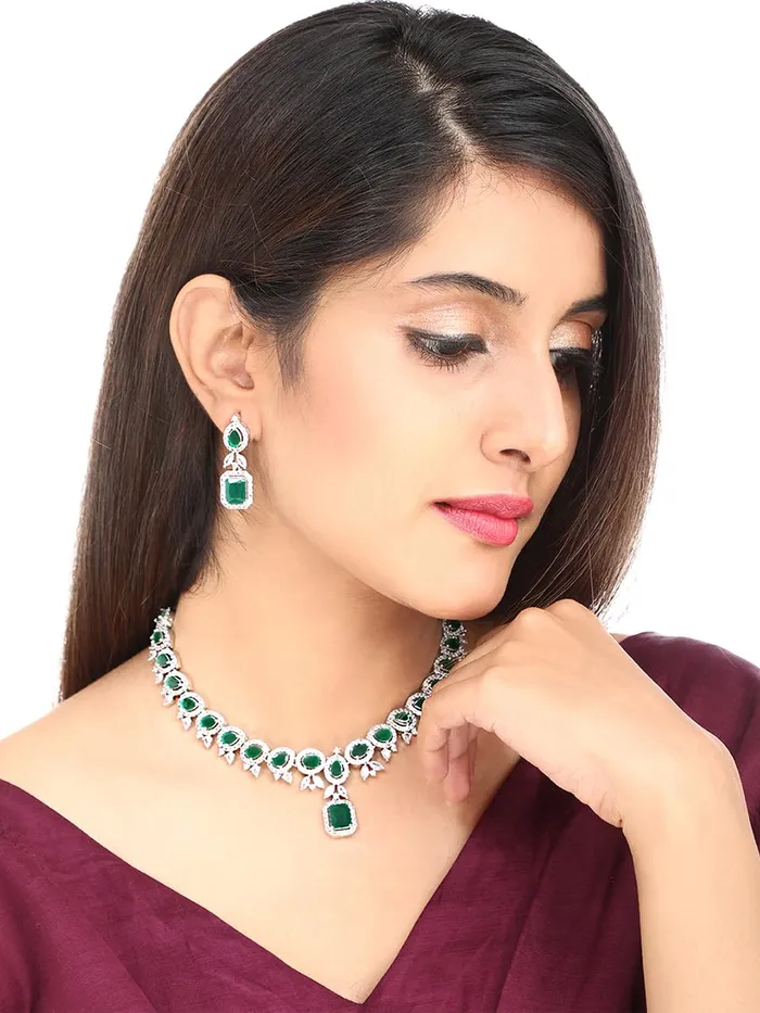 Yellow Chimes Earrings Yellow Chimes American Diamond Necklace Set For Women Green Stone Silver Jewellery Set For Women Diamond Necklace Set Birthday Gift for Girls Anniversary Gift for Wife