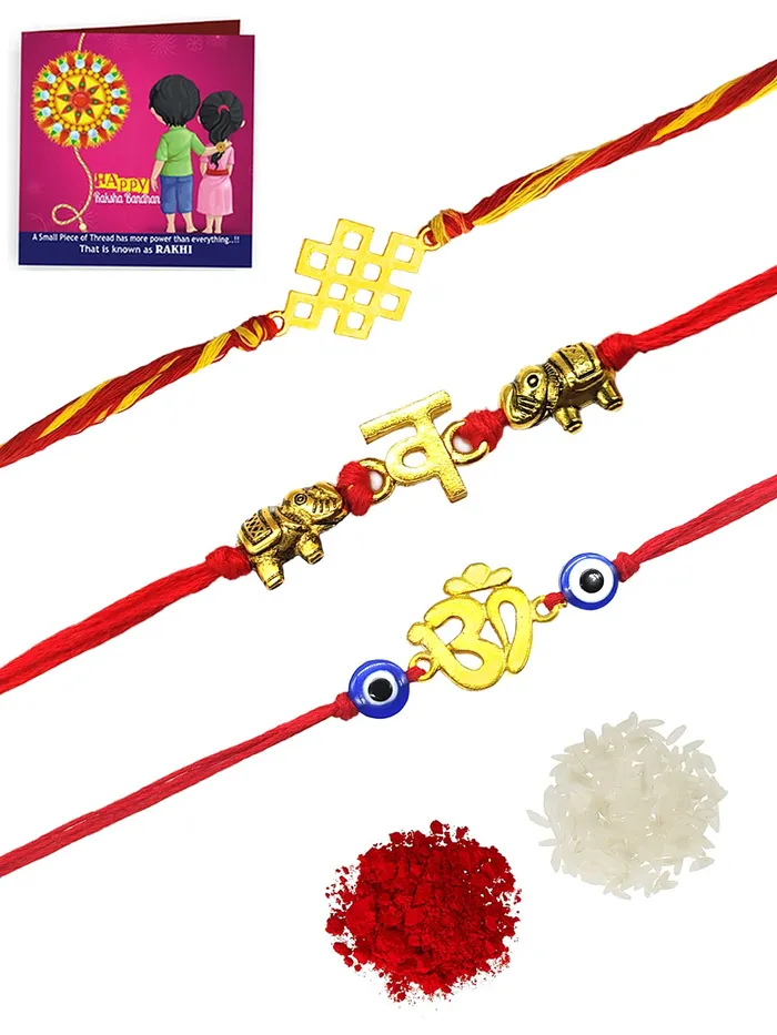 Yellow Chimes Earrings Yellow Chimes Combo of 3 Pcs Handmade Dori Worked Gold Toned OM Initial Letter V and Celtic Design Evil Eye Beads Rakhi for Brother with Roli Chawal Yellow Chimes Earrings Yellow Chimes Combo of 3 Pcs Handmade Dori Worked Gold Toned OM Initial Letter V and Celtic Design Evil Eye Beads Rakhi for Brother with Roli Chawal