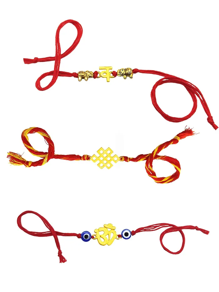 Yellow Chimes Earrings Yellow Chimes Combo of 3 Pcs Handmade Dori Worked Gold Toned OM Initial Letter V and Celtic Design Evil Eye Beads Rakhi for Brother with Roli Chawal