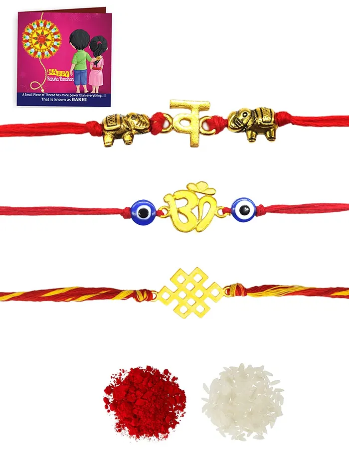 Yellow Chimes Earrings Yellow Chimes Combo of 3 Pcs Handmade Dori Worked Gold Toned OM Initial Letter V and Celtic Design Evil Eye Beads Rakhi for Brother with Roli Chawal