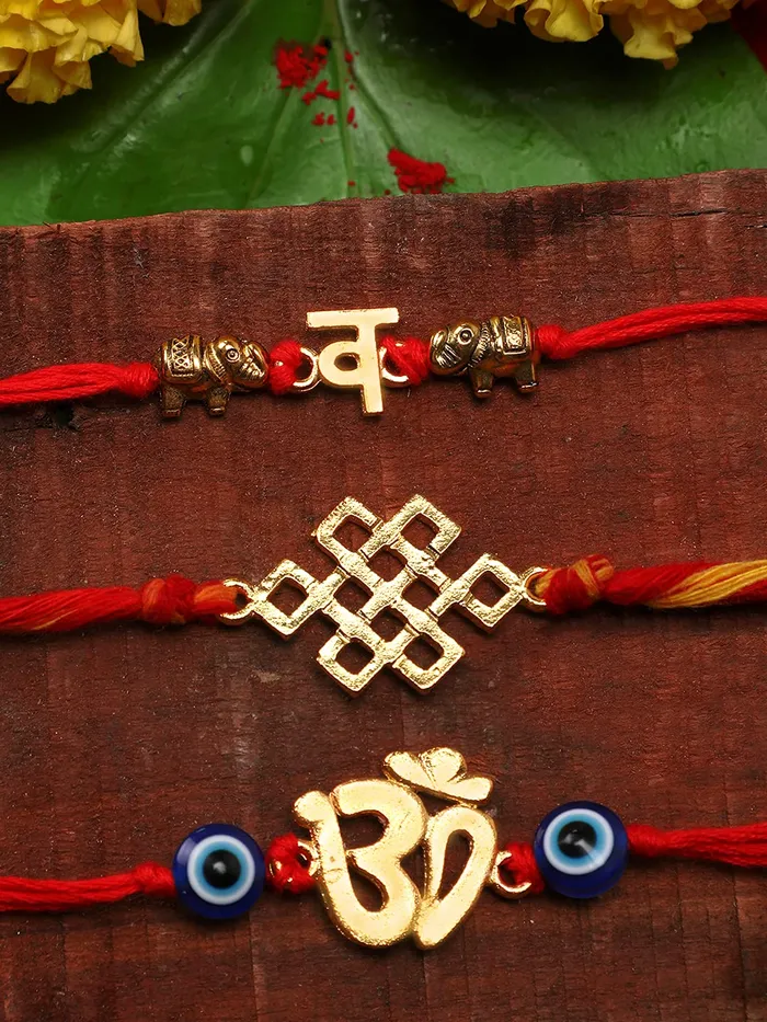 Yellow Chimes Earrings Yellow Chimes Combo of 3 Pcs Handmade Dori Worked Gold Toned OM Initial Letter V and Celtic Design Evil Eye Beads Rakhi for Brother with Roli Chawal