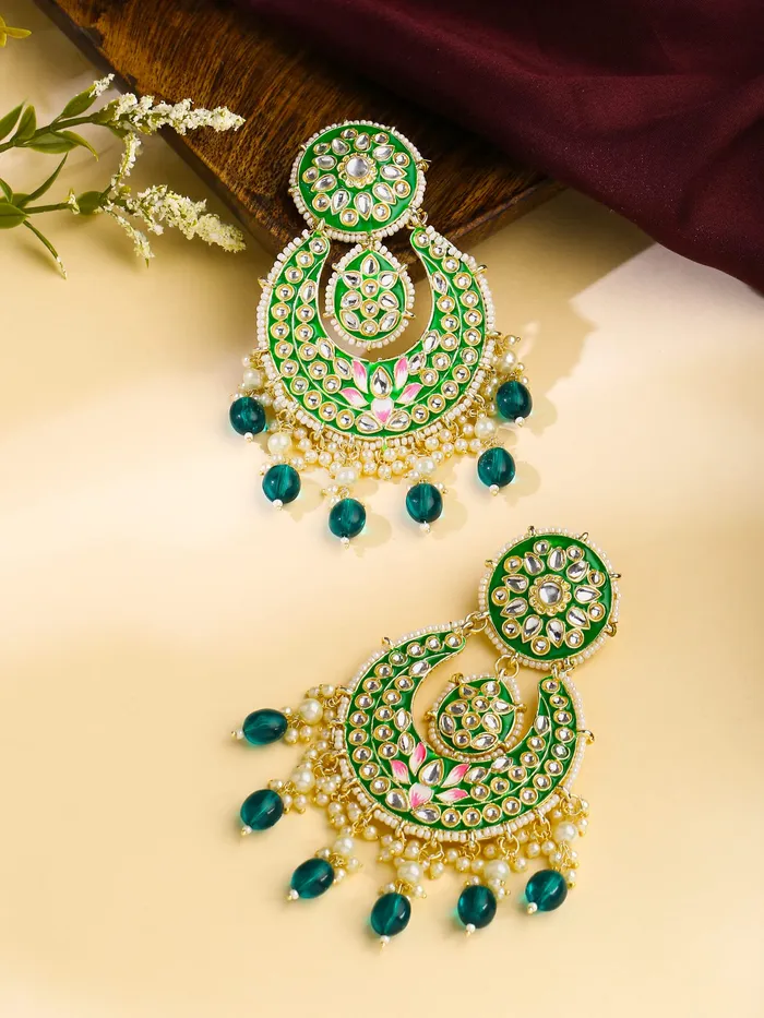Yellow Chimes Earrings Yellow Chimes Earrings for Women and Girls Traditional Meenakari Chandbali Gold Toned Green Meenakari Chandbali Earrings Birthday Gift for girls and women Anniversary Gift for Wife