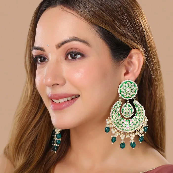 Yellow Chimes Earrings Yellow Chimes Earrings for Women and Girls Traditional Meenakari Chandbali Gold Toned Green Meenakari Chandbali Earrings Birthday Gift for girls and women Anniversary Gift for Wife