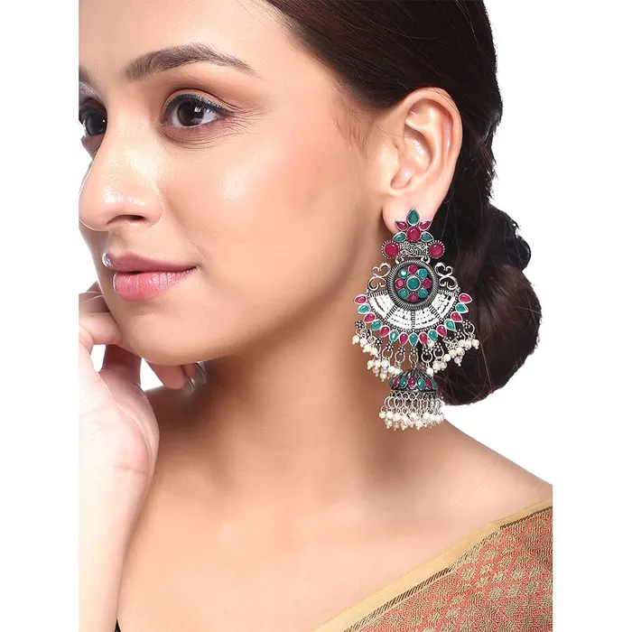 Yellow Chimes Earrings Yellow Chimes Ethnic German Silver Oxidised Green Studded stones Flower Design Pearl Moti Traditional Chandbali Earrings for Women and Girls Medium YCTJER90OXDCHDSGR