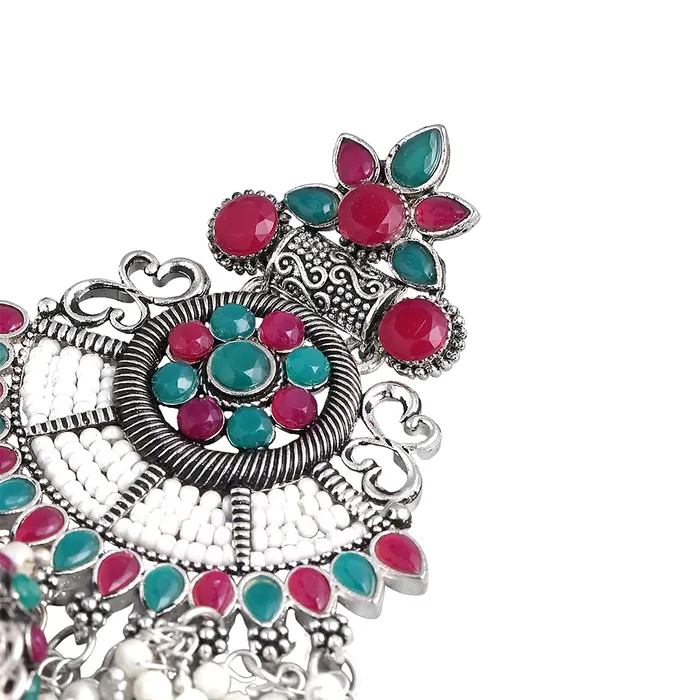 Yellow Chimes Earrings Yellow Chimes Ethnic German Silver Oxidised Green Studded stones Flower Design Pearl Moti Traditional Chandbali Earrings for Women and Girls Medium YCTJER90OXDCHDSGR