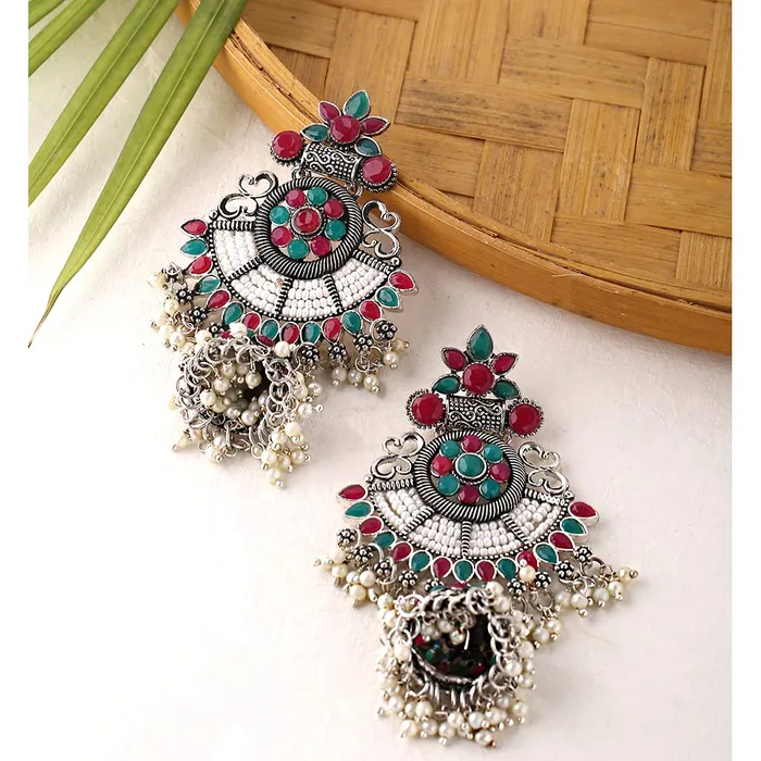 Yellow Chimes Earrings Yellow Chimes Ethnic German Silver Oxidised Green Studded stones Flower Design Pearl Moti Traditional Chandbali Earrings for Women and Girls Medium YCTJER90OXDCHDSGR