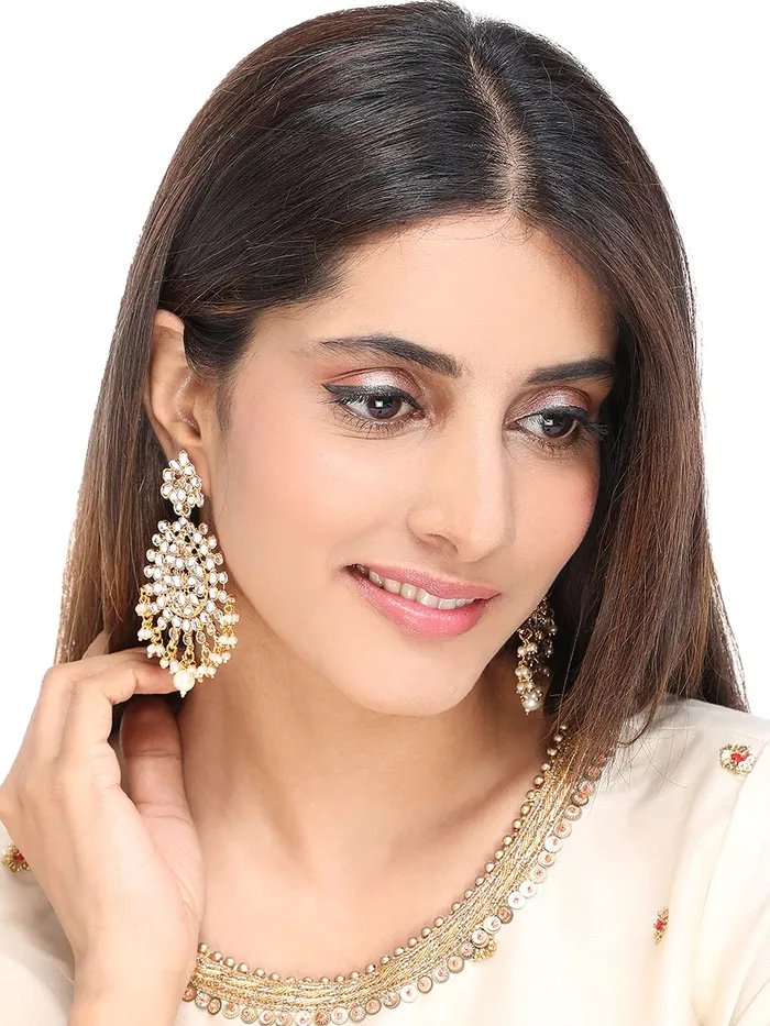 Yellow Chimes Earrings Yellow Chimes Ethnic Gold Plated combo of two pairs Kundan Studded Leaf Design Pearl Moti Jhumka and Dangler Earrings for Women and Girls Medium YCTJER7KUDJUMCGL