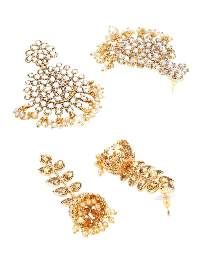 Yellow Chimes Earrings Yellow Chimes Ethnic Gold Plated combo of two pairs Kundan Studded Leaf Design Pearl Moti Jhumka and Dangler Earrings for Women and Girls Medium YCTJER7KUDJUMCGL