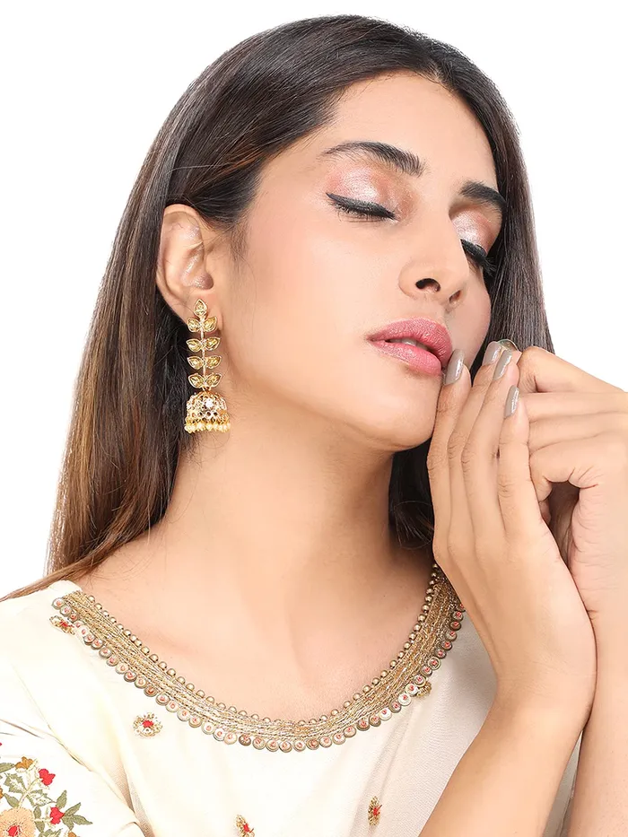Yellow Chimes Earrings Yellow Chimes Ethnic Gold Plated combo of two pairs Kundan Studded Leaf Design Pearl Moti Jhumka and Dangler Earrings for Women and Girls Medium YCTJER7KUDJUMCGL