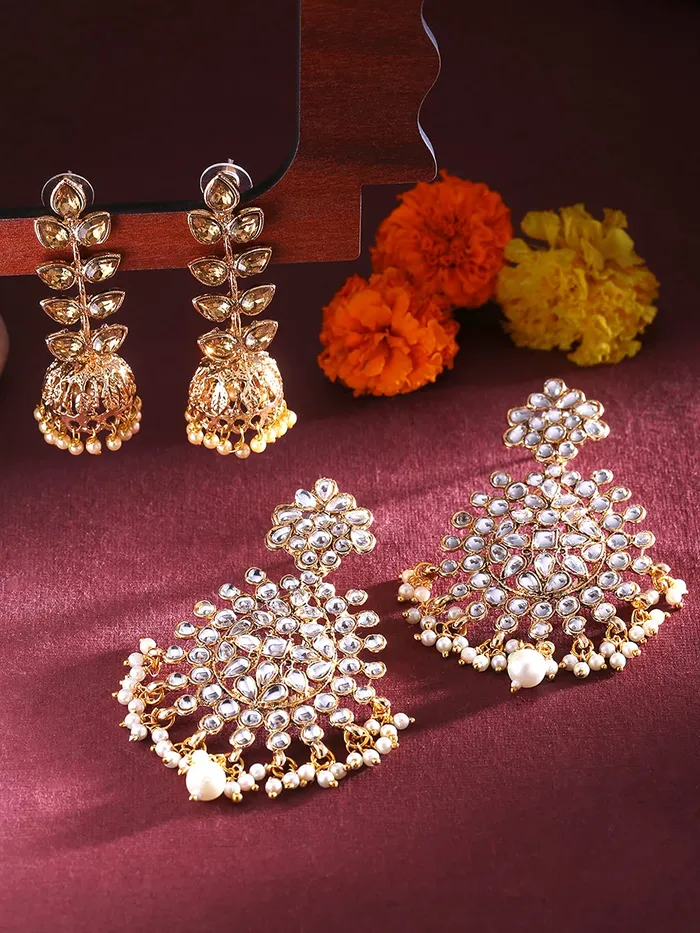 Yellow Chimes Earrings Yellow Chimes Ethnic Gold Plated combo of two pairs Kundan Studded Leaf Design Pearl Moti Jhumka and Dangler Earrings for Women and Girls Medium YCTJER7KUDJUMCGL