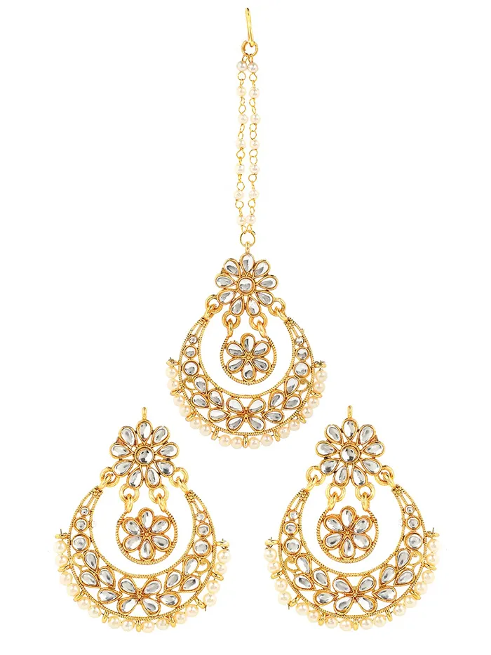 Yellow Chimes Earrings Yellow Chimes Ethnic Gold Plated Traditional Kundan Pearl Chandbali Earrings with Maangtikka for Women and Girls Medium YCTJER06KUDFLWGL