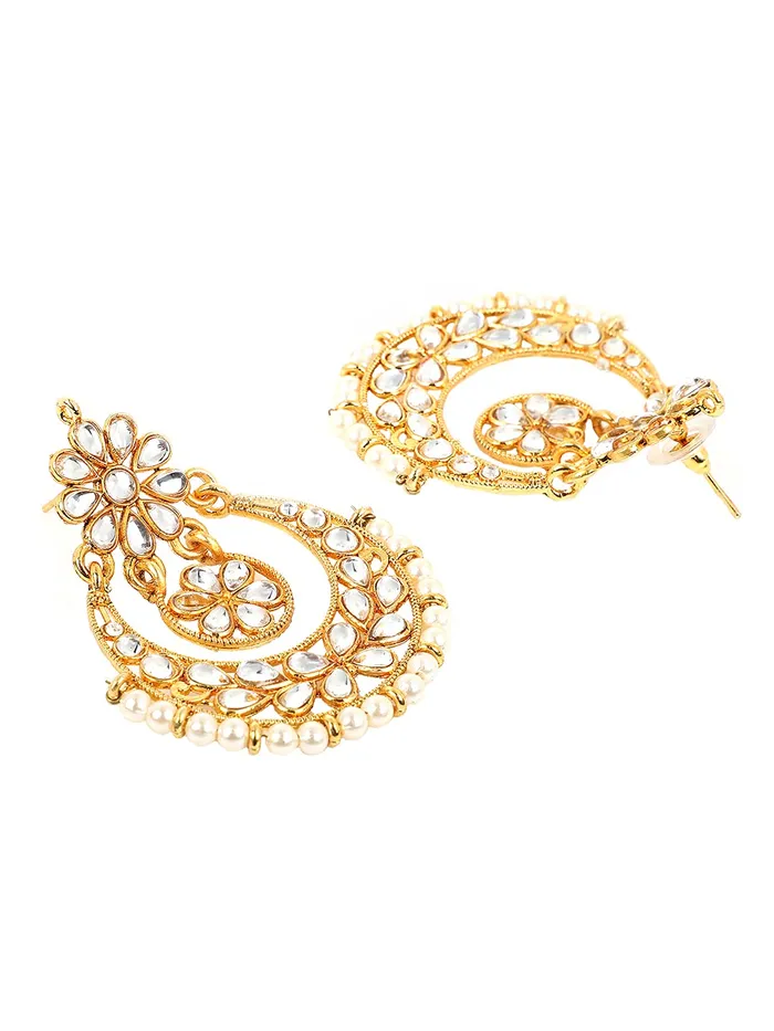 Yellow Chimes Earrings Yellow Chimes Ethnic Gold Plated Traditional Kundan Pearl Chandbali Earrings with Maangtikka for Women and Girls Medium YCTJER06KUDFLWGL