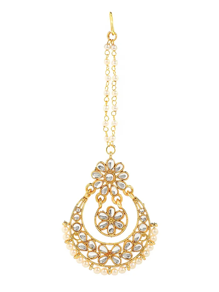 Yellow Chimes Earrings Yellow Chimes Ethnic Gold Plated Traditional Kundan Pearl Chandbali Earrings with Maangtikka for Women and Girls Medium YCTJER06KUDFLWGL