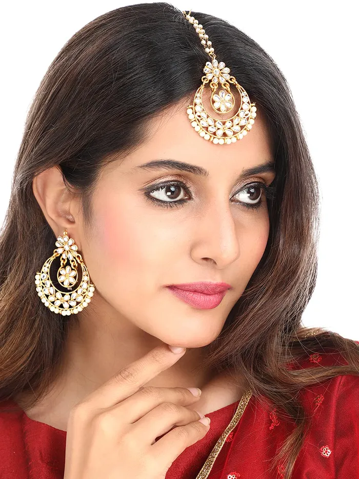 Yellow Chimes Earrings Yellow Chimes Ethnic Gold Plated Traditional Kundan Pearl Chandbali Earrings with Maangtikka for Women and Girls Medium YCTJER06KUDFLWGL