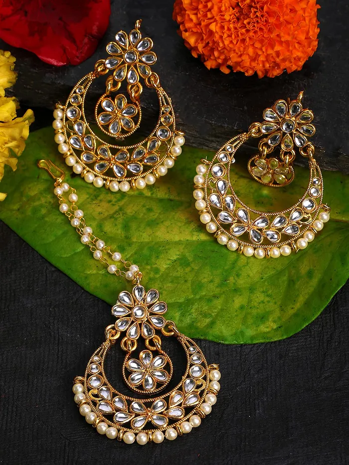 Yellow Chimes Earrings Yellow Chimes Ethnic Gold Plated Traditional Kundan Pearl Chandbali Earrings with Maangtikka for Women and Girls Medium YCTJER06KUDFLWGL