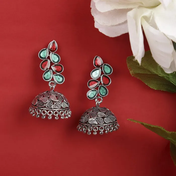 Yellow Chimes Earrings Yellow Chimes German Silver Oxidized Jhumka Meenakari Touch Traditional JhumkiJhumka Earrings for Women