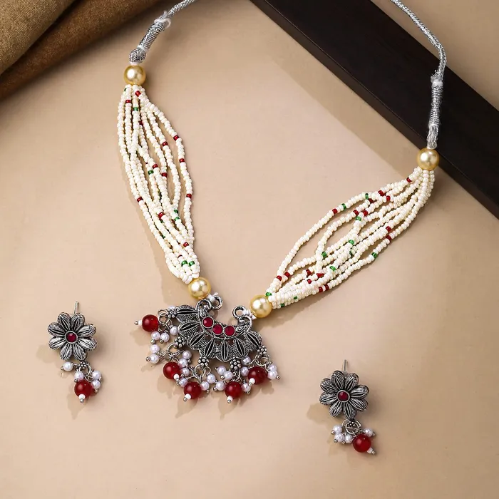 Yellow Chimes Earrings Yellow Chimes Jewellery Set for Women and Girls Beads Necklace Set for Women Silver Oxidised Beads Beaded Necklace Set Birthday Gift for girls and women Anniversary Gift for Wife