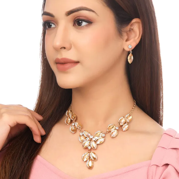 Yellow Chimes Earrings Yellow Chimes Jewellery Set For Women Gold Toned Oval Shaped Crystal Studded Necklace Set With Earring For Women and Girls
