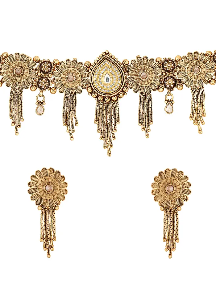 Yellow Chimes Earrings Yellow Chimes Jewellery Set for Women Gold Toned White Crystal Studded Floral Designed Choker Necklace Set with Earrings for Women and Girls Yellow Chimes Earrings Yellow Chimes Jewellery Set for Women Gold Toned White Crystal Studded Floral Designed Choker Necklace Set with Earrings for Women and Girls