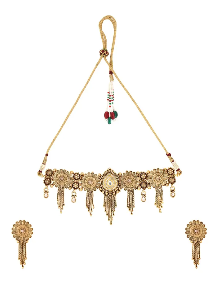 Yellow Chimes Earrings Yellow Chimes Jewellery Set for Women Gold Toned White Crystal Studded Floral Designed Choker Necklace Set with Earrings for Women and Girls