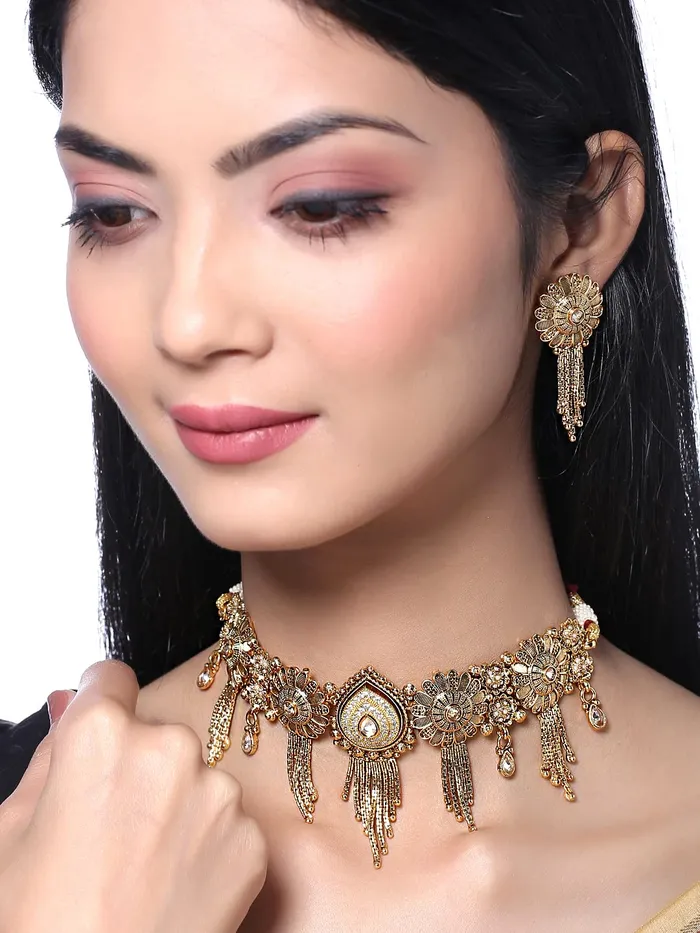 Yellow Chimes Earrings Yellow Chimes Jewellery Set for Women Gold Toned White Crystal Studded Floral Designed Choker Necklace Set with Earrings for Women and Girls