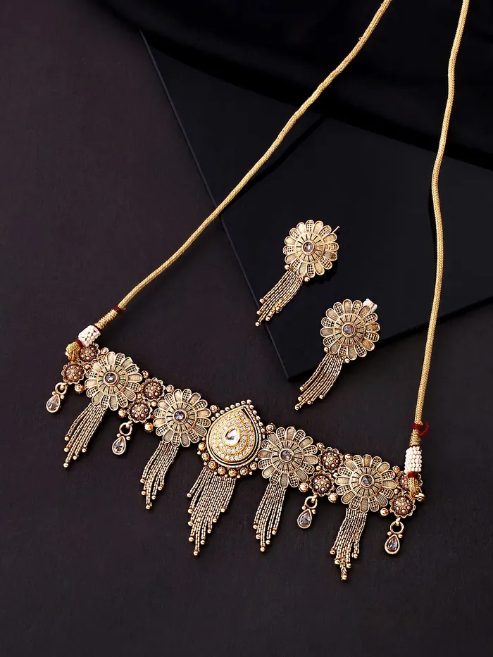 Yellow Chimes Earrings Yellow Chimes Jewellery Set for Women Gold Toned White Crystal Studded Floral Designed Choker Necklace Set with Earrings for Women and Girls