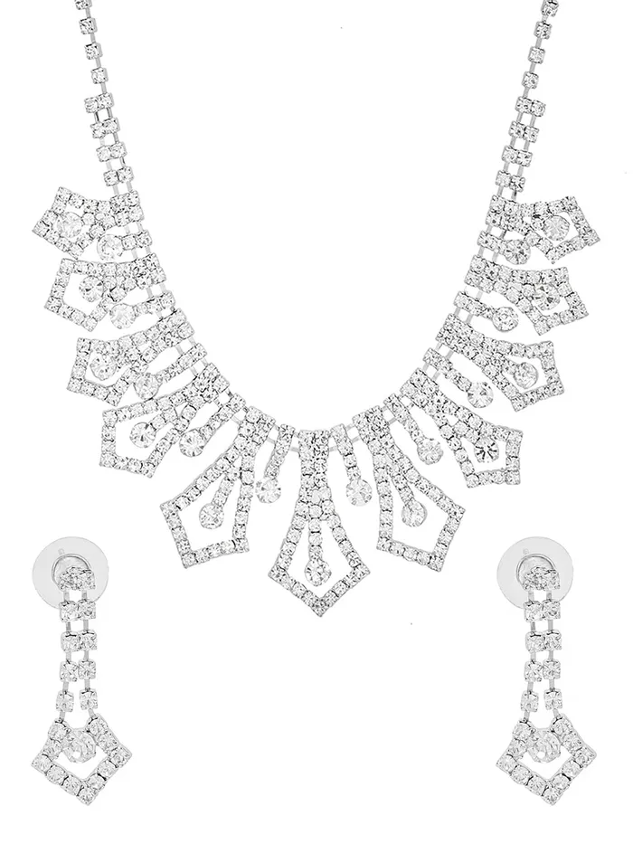 Yellow Chimes Earrings Yellow Chimes Jewellery Set with White Crystal Studded Classic Design Silver Plated Necklace Set for Women and Girls