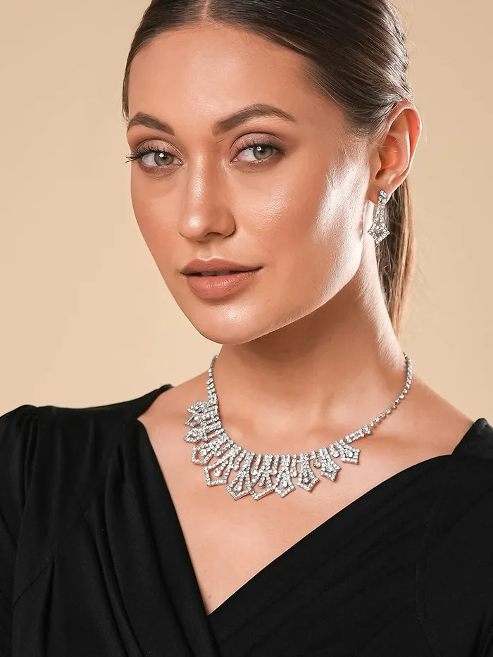 Yellow Chimes Earrings Yellow Chimes Jewellery Set with White Crystal Studded Classic Design Silver Plated Necklace Set for Women and Girls