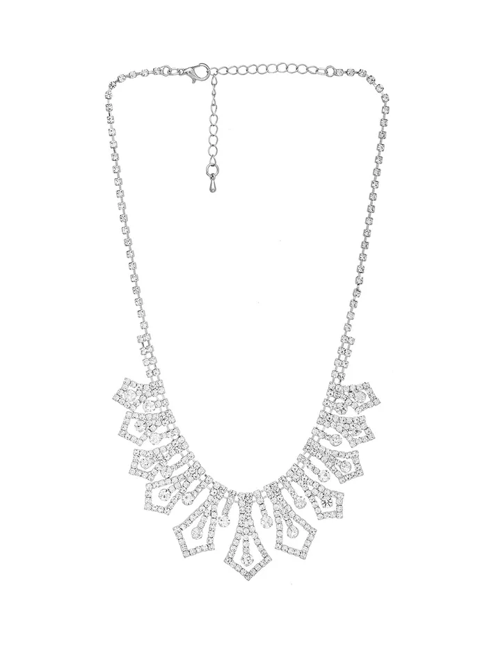Yellow Chimes Earrings Yellow Chimes Jewellery Set with White Crystal Studded Classic Design Silver Plated Necklace Set for Women and Girls