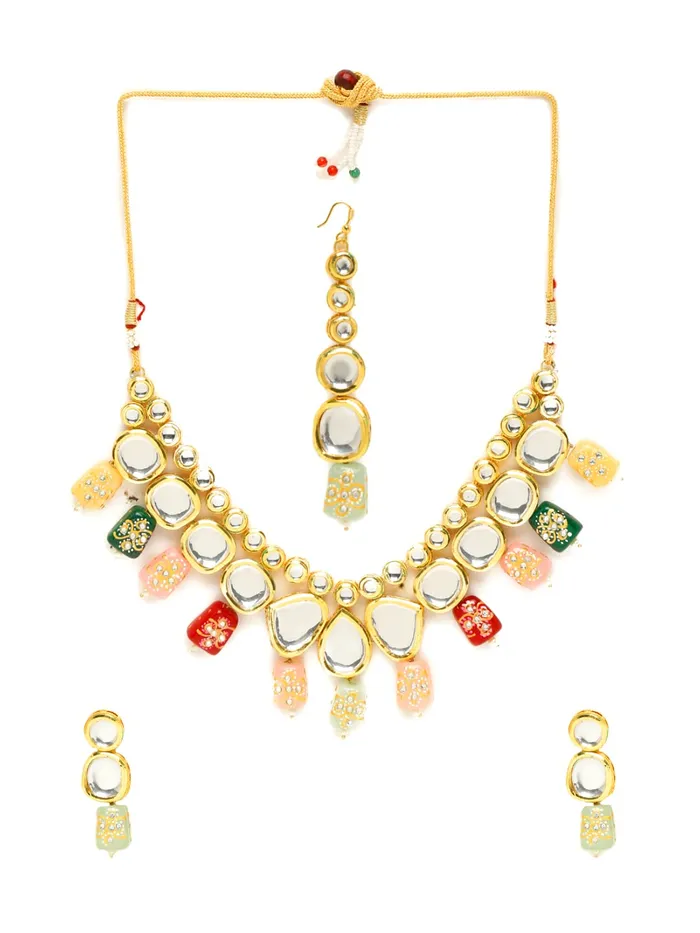 Yellow Chimes Earrings Yellow Chimes Kundan Jewellery Set for Women Ethnic Jewelery Set Gold Plated Multicolor Kundan Traditional Necklace Set For Women and Girls
