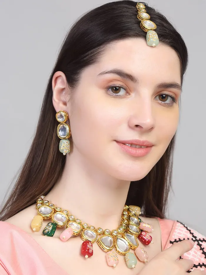 Yellow Chimes Earrings Yellow Chimes Kundan Jewellery Set for Women Ethnic Jewelery Set Gold Plated Multicolor Kundan Traditional Necklace Set For Women and Girls