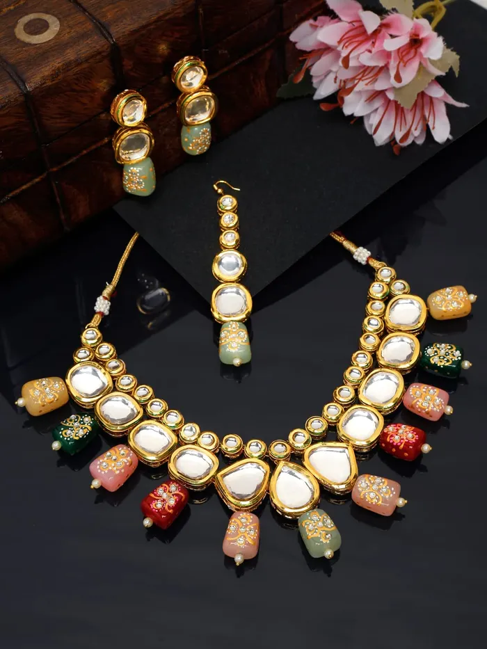Yellow Chimes Earrings Yellow Chimes Kundan Jewellery Set for Women Ethnic Jewelery Set Gold Plated Multicolor Kundan Traditional Necklace Set For Women and Girls