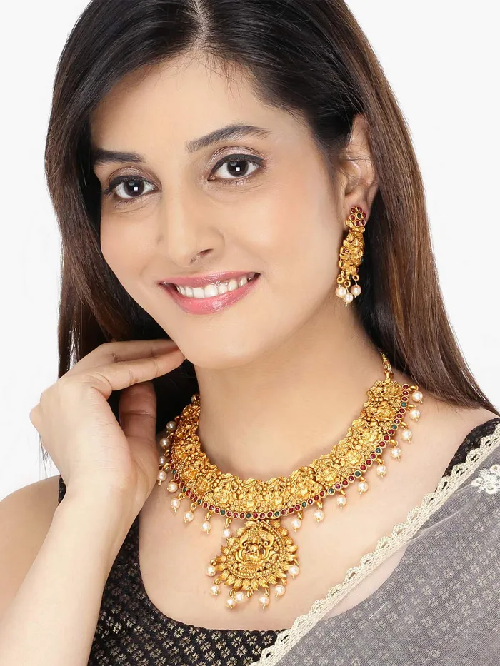 Yellow Chimes Earrings Yellow Chimes Traditional Jewellery Set for Women Ethnic Jewellery Set Gold Plated Temple Jewelry Set Traditional Choker Necklace Set for Women and Girls