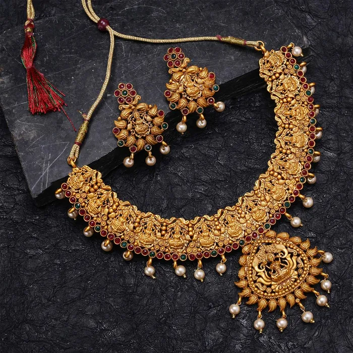 Yellow Chimes Earrings Yellow Chimes Traditional Jewellery Set for Women Ethnic Jewellery Set Gold Plated Temple Jewelry Set Traditional Choker Necklace Set for Women and Girls