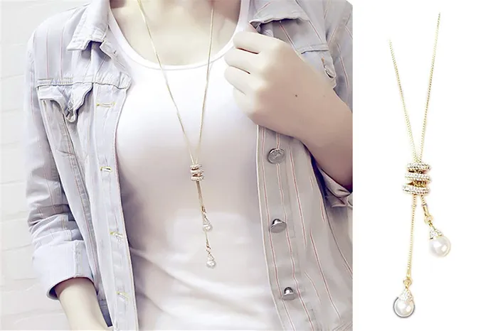 Yellow Chimes Earrings Yellow Chimes Western Stylish Collection Pearl Crystal Long Chain Pendant Necklace for Women and Girls Golden Long Chain