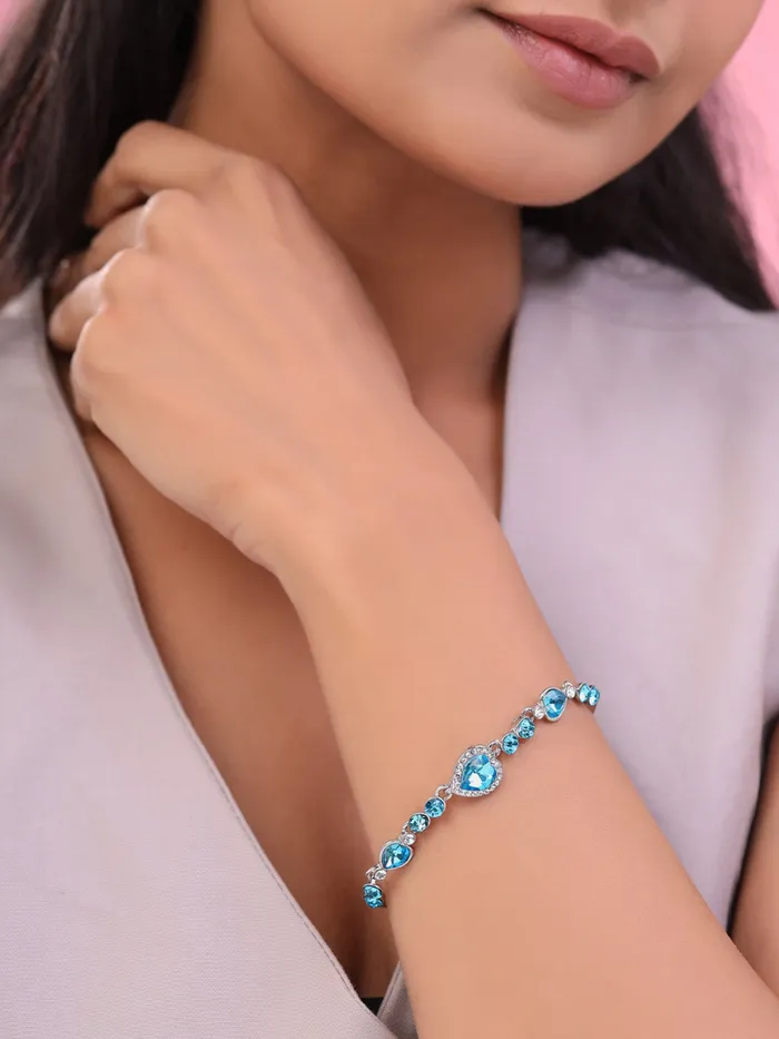 Yellow Chimes Earrings Yellow Chimes Women Crystal Bracelets Heart Shaped Silver toned Bracelets Blue CZ Crystals Bracelet For Woman Birthday Gift for Girls Women Anniversary Gift for Wife