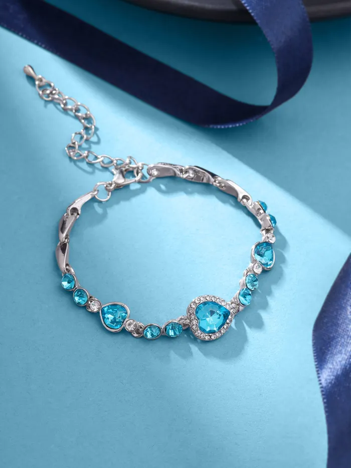 Yellow Chimes Earrings Yellow Chimes Women Crystal Bracelets Heart Shaped Silver toned Bracelets Blue CZ Crystals Bracelet For Woman Birthday Gift for Girls Women Anniversary Gift for Wife