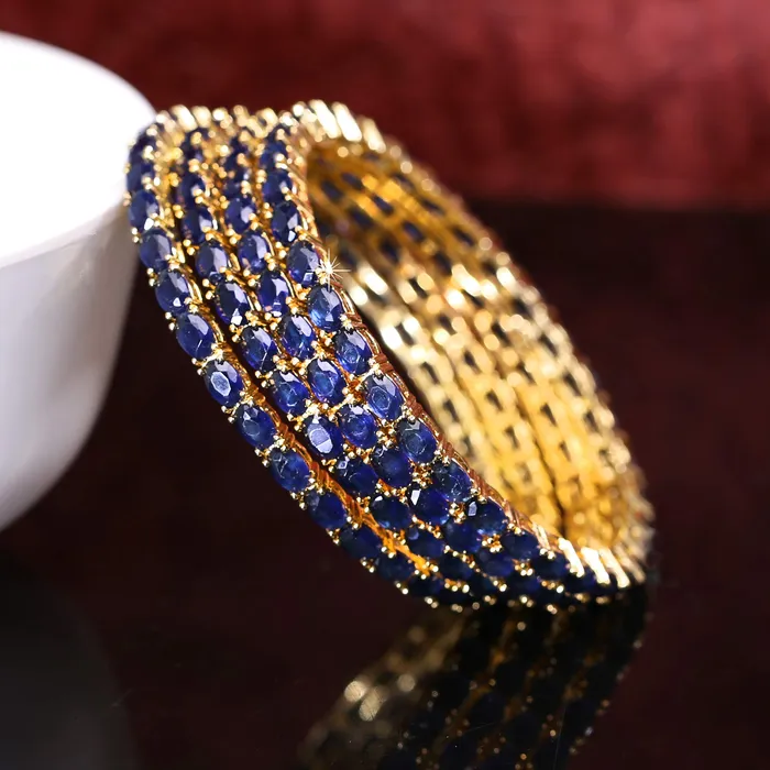 Yellow Chimes Elegant Sapphire Blue ADAmerican Diamond Studded 18k Gold Plated 4 PCs HandCrafted Bangles Set for Women Girls 28 Yellow Chimes Necklaces