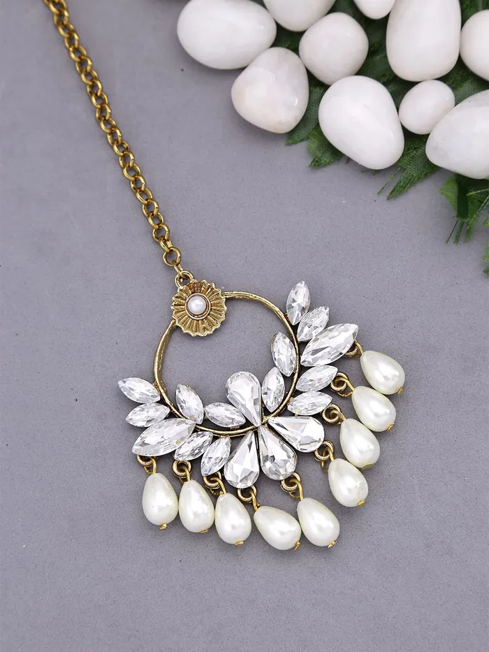 Yellow Chimes Ethnic Gold Plated Traditional Studded White Kundan Pearl Maangtikka for Women and Girls Design 1 Yellow Chimes Necklaces
