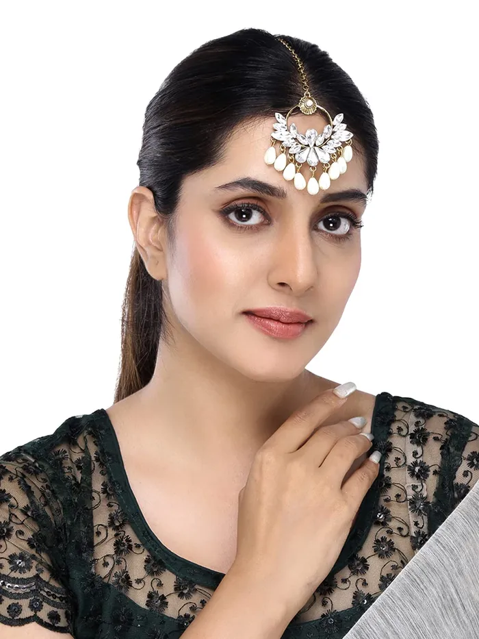 Yellow Chimes Ethnic Gold Plated Traditional Studded White Kundan Pearl Maangtikka for Women and Girls Design 1 Yellow Chimes Necklaces